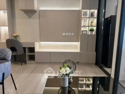 Modern living room with stylish decor and built-in shelving