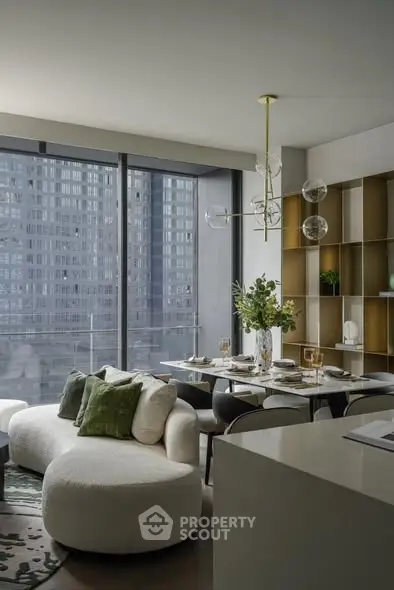 Luxurious modern living room with elegant dining area and stunning city view.