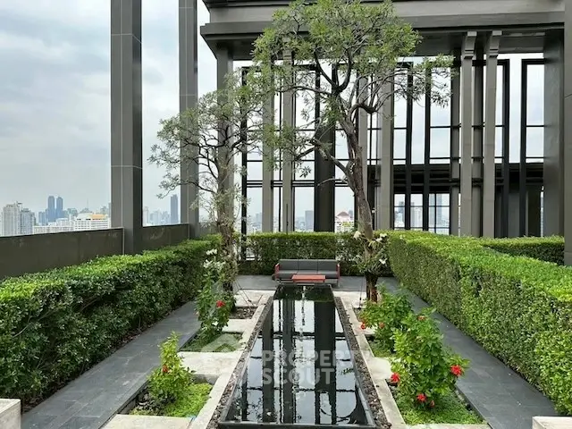 Luxurious rooftop garden with stunning city views and elegant landscaping.