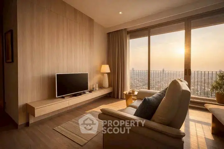 Luxurious living room with stunning city view and modern decor