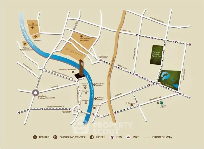 Map showing key locations including temples, shopping centers, hotels, and transportation routes in a city area.