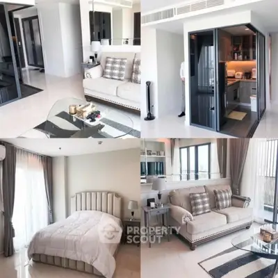 Luxurious modern apartment with spacious living room, elegant bedroom, and sleek kitchen design.