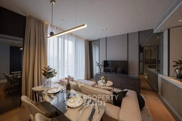 Luxurious modern living room with elegant dining area and large windows.