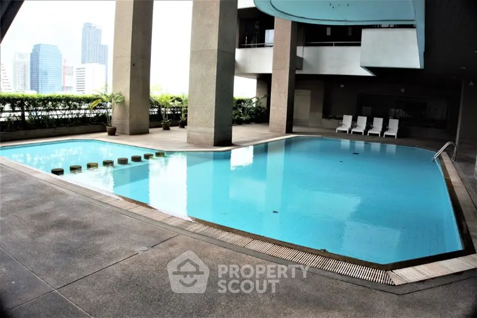 Luxurious urban pool area with cityscape views and modern design.