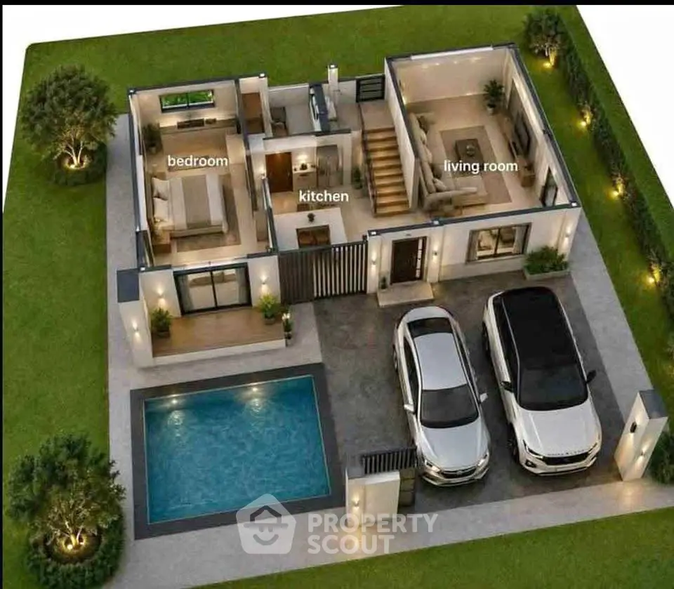 Stunning 3D render of modern home with pool, two-car garage, and lush garden, showcasing open layout.