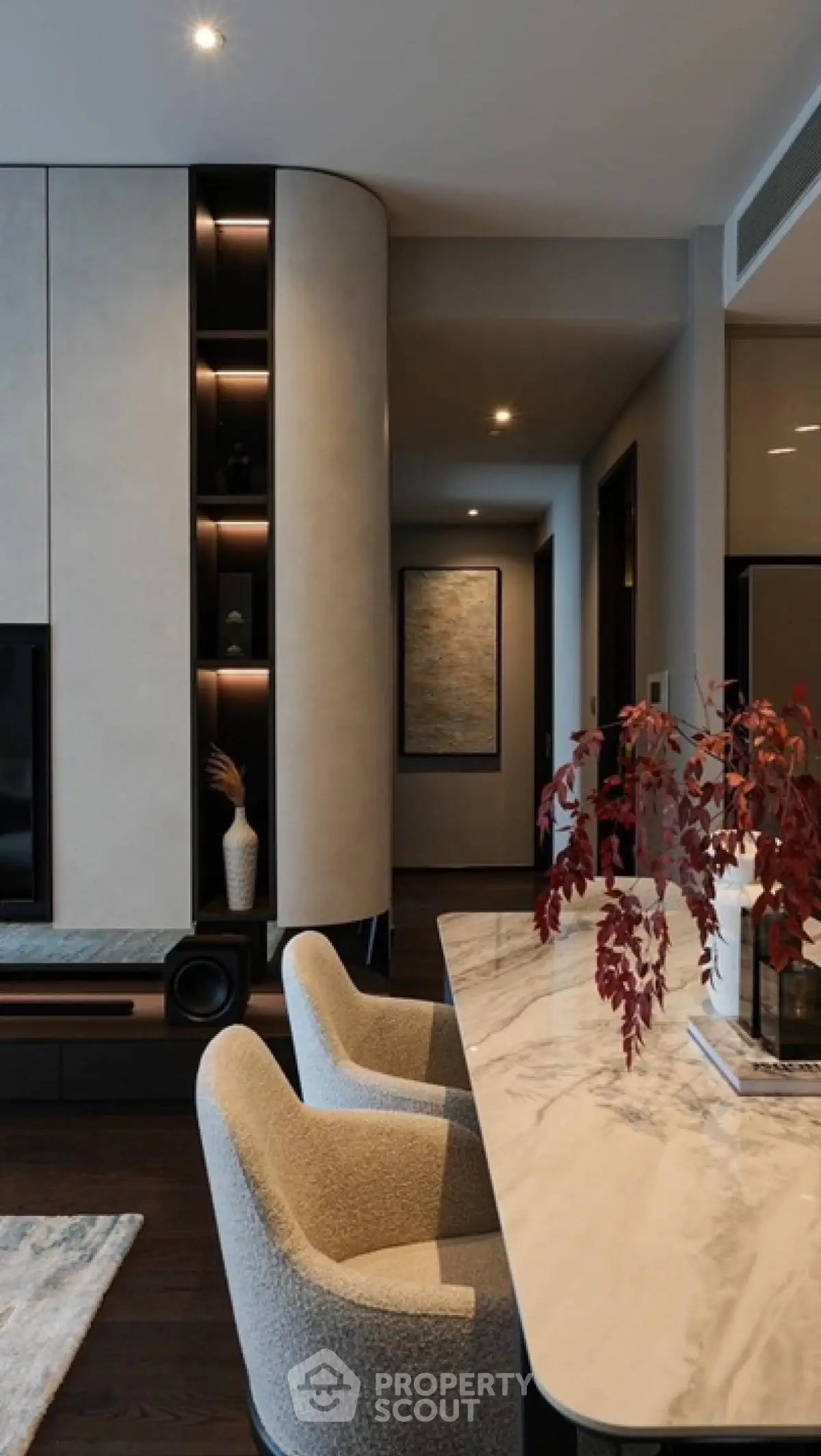 Elegant modern living room with stylish decor and marble table