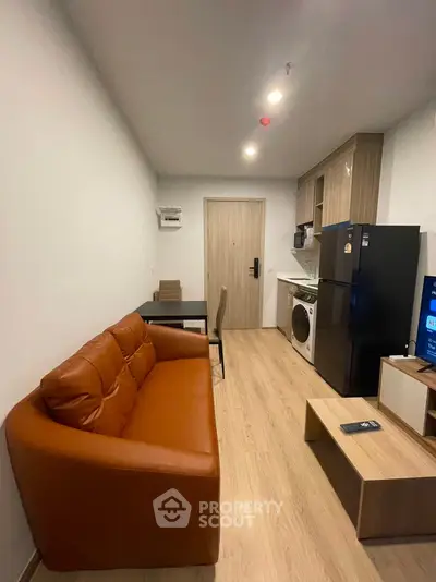 Modern apartment living room with leather sofa and kitchen appliances