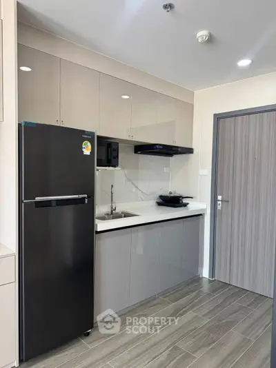 Modern kitchen with sleek cabinets and appliances in a stylish apartment