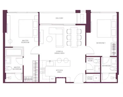 Spacious two-bedroom apartment floor plan with balcony and modern amenities.