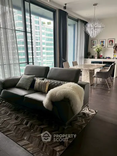 Luxurious modern living room with elegant decor and city view