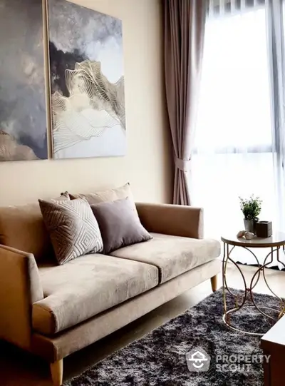 Elegant living room with plush velvet sofa, contemporary art, and chic decor, bathed in natural light from the large window, perfect for urban living.