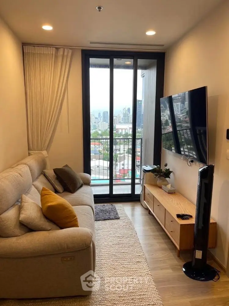 Modern living room with city view and sleek decor