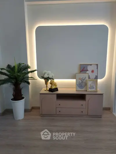 Stylish modern living room with elegant decor and ambient lighting