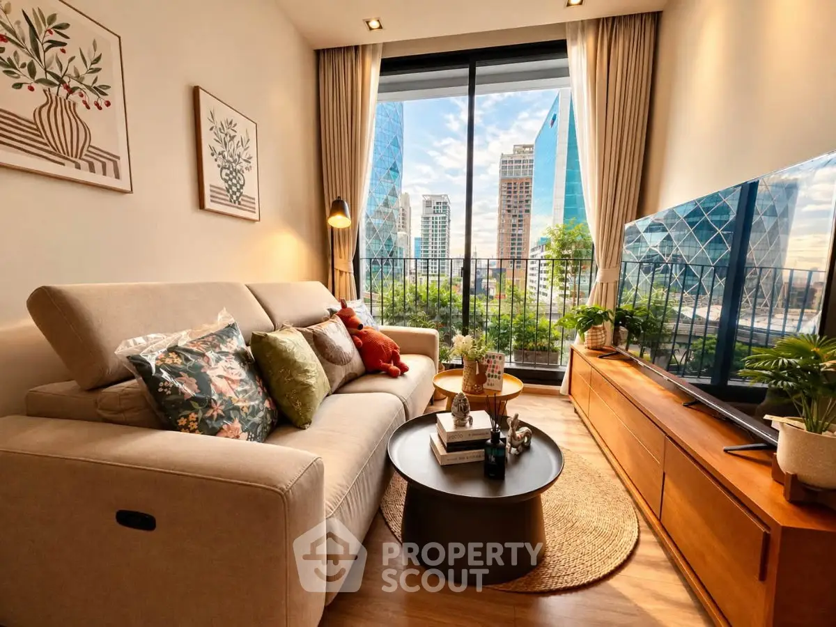 Modern living room with cozy sofa, stylish decor, and stunning city view from balcony.