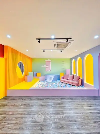 Vibrant modern living room with pastel colors and unique architectural design