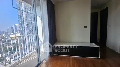 Modern apartment with city view and wooden flooring