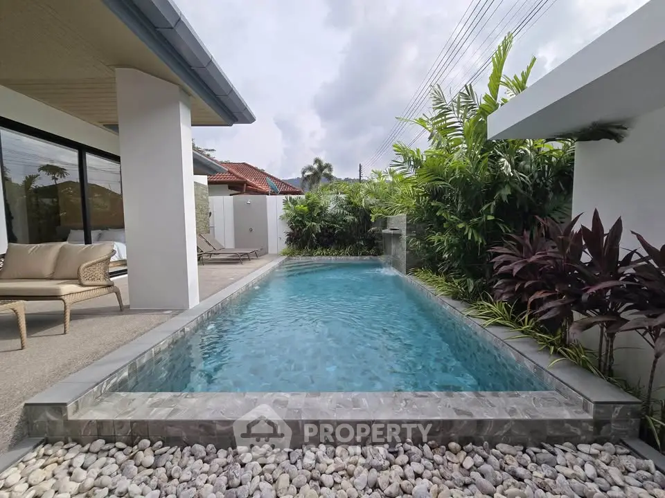 Luxurious private pool surrounded by lush greenery in a modern villa setting.