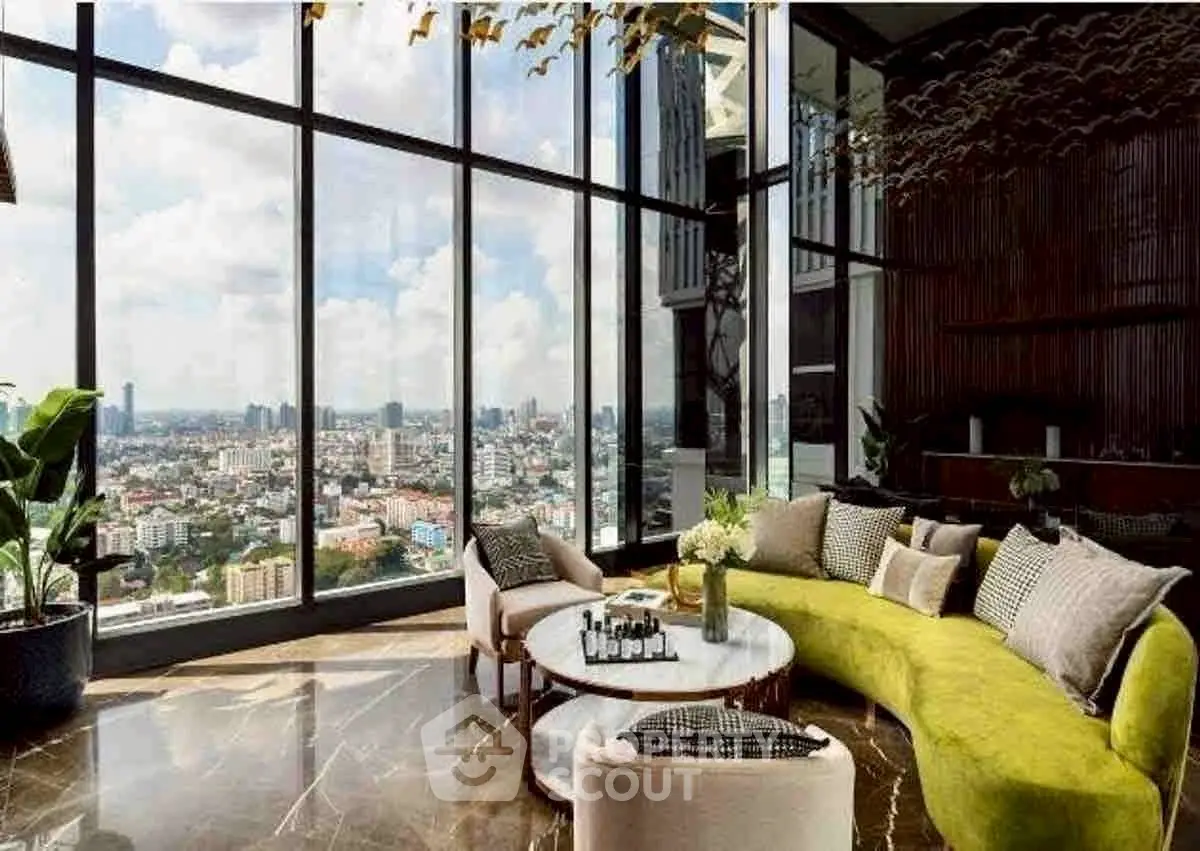 Luxurious living room with panoramic city views and elegant decor