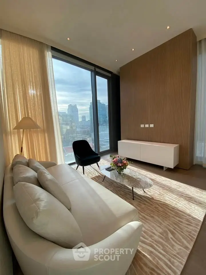 Luxurious modern living room with stunning city view and elegant decor