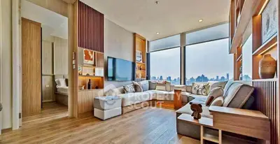 Luxurious modern living room with panoramic city views and elegant decor
