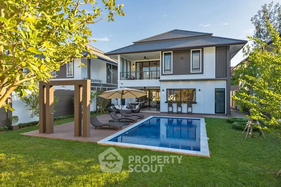 Luxurious modern home with private pool and lush garden, perfect for relaxation and entertaining.