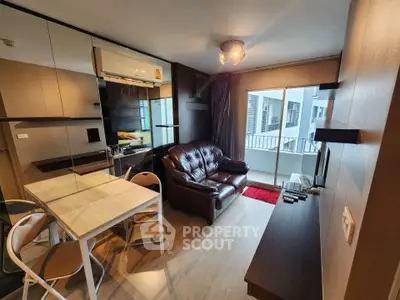 Modern living room with leather sofa and balcony view in stylish apartment