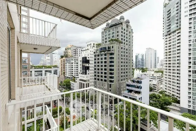 Stunning cityscape view from a high-rise balcony in a vibrant urban setting.