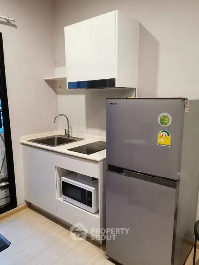Modern compact kitchen with sleek appliances and efficient layout, perfect for urban living.