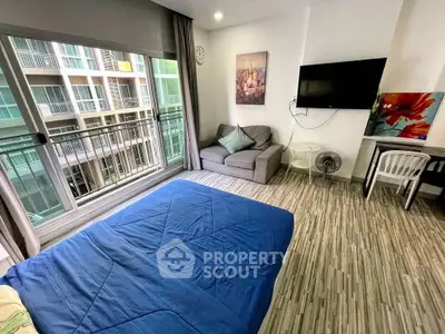 Modern bedroom with balcony view in stylish apartment