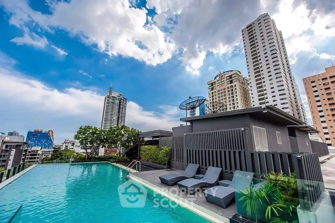 Stunning rooftop pool with city skyline views in modern urban setting.