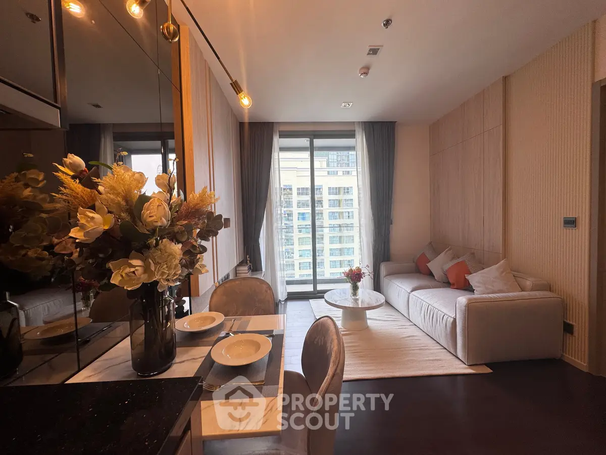 Luxurious modern living room with elegant decor and city view, perfect for urban living.