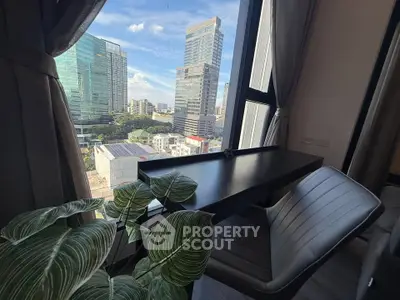 Modern apartment with stunning city view from large windows, featuring sleek furniture and lush indoor plants.