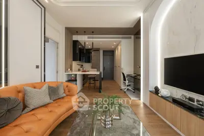 Modern living room with stylish decor and open kitchen layout