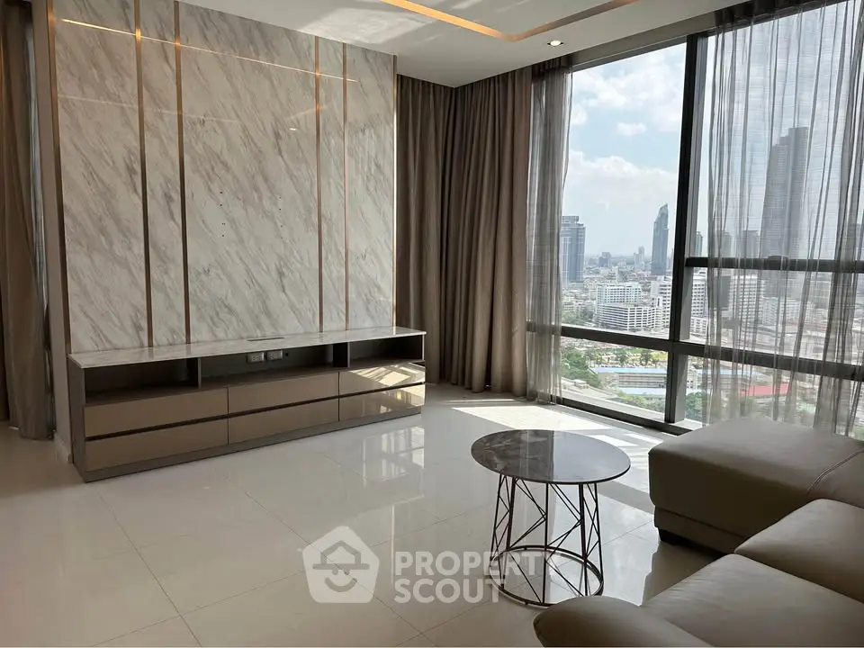 Luxurious living room with stunning city view and modern decor