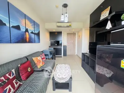 Modern living room with stylish decor and cozy seating area