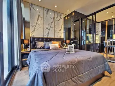 Luxurious modern bedroom with elegant decor and floor-to-ceiling windows