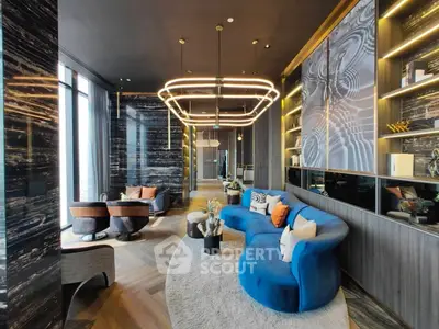 Luxurious modern living room with unique lighting and stylish furniture