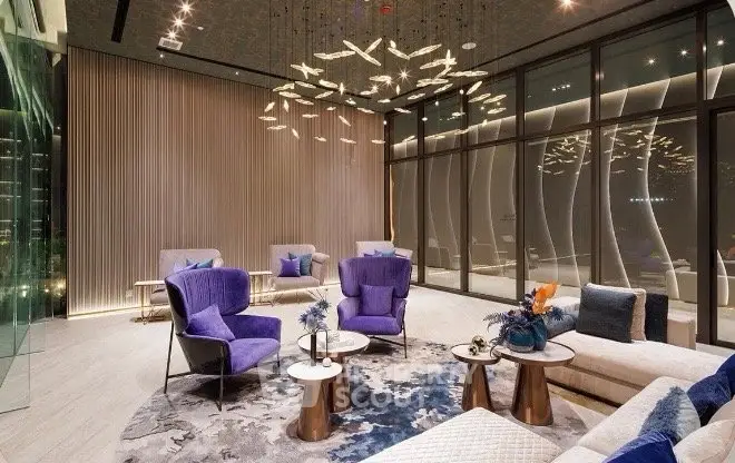 Luxurious modern living room with elegant lighting and plush seating in a high-end apartment.