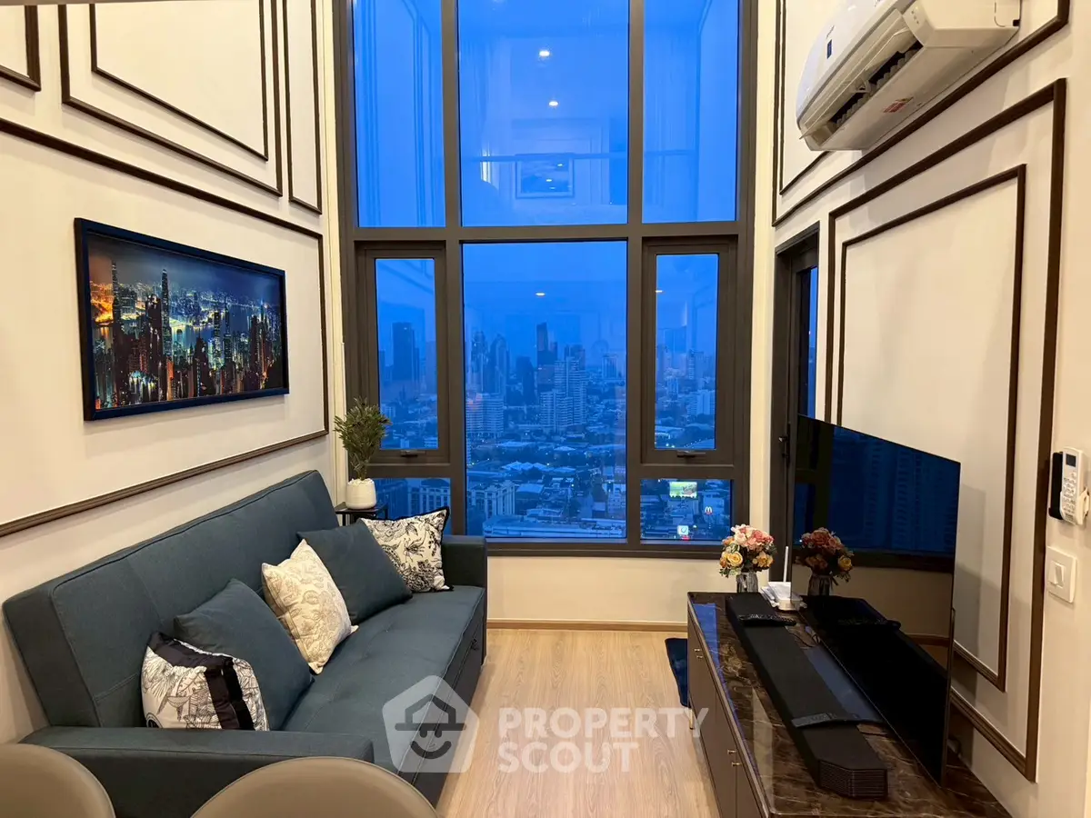 Modern living room with stunning city view and elegant decor