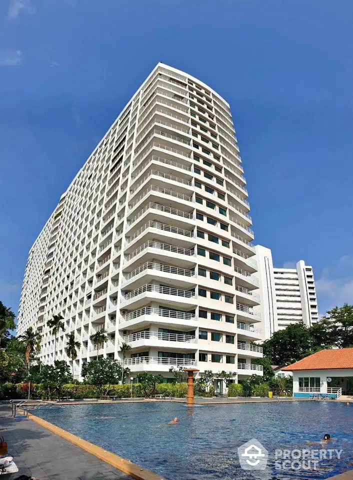 Stunning high-rise condominium with pool and lush surroundings, perfect for luxury urban living.