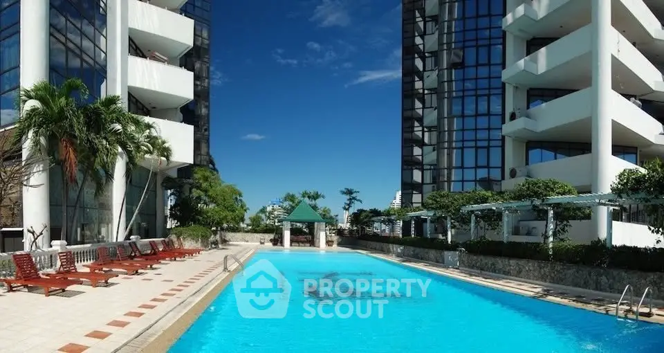 Luxurious residential complex with stunning pool and modern architecture under clear blue skies.