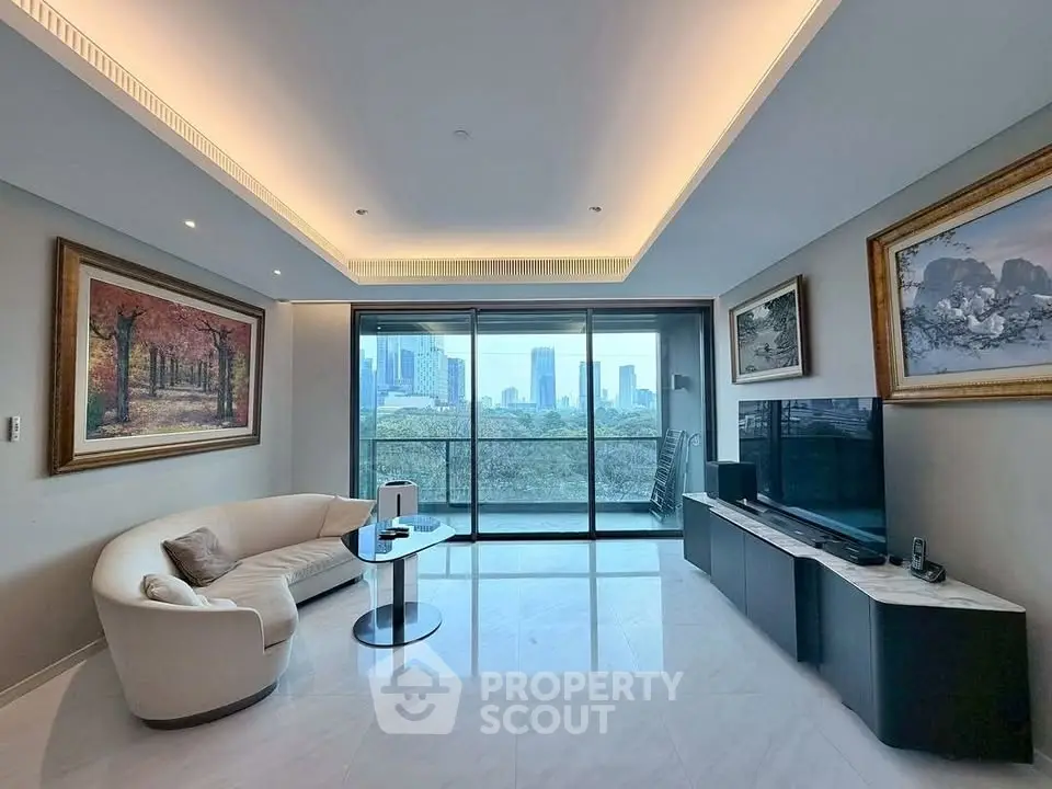 Luxurious living room with stunning city view and elegant decor