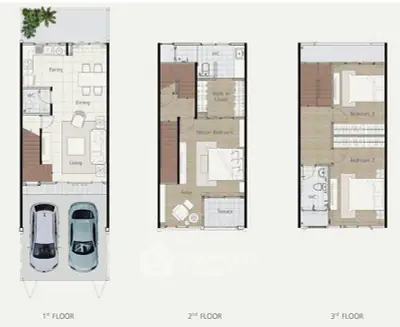Modern three-story house floor plan with spacious living areas and multiple bedrooms.