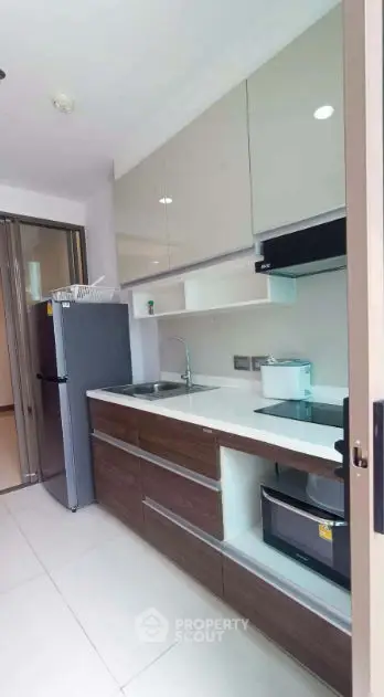 Modern kitchen with sleek cabinetry and appliances in a stylish apartment