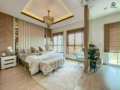 Luxurious bedroom with elegant chandelier and large windows offering natural light