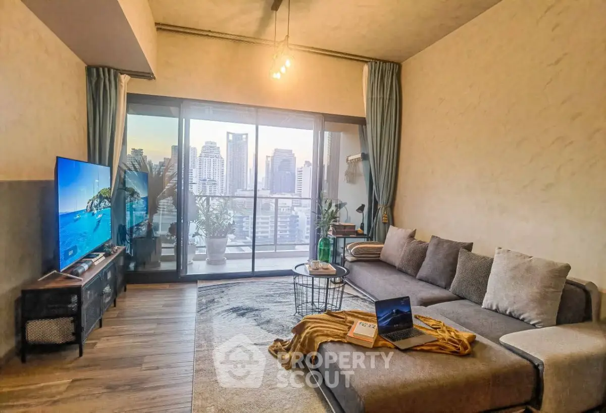 Modern living room with city view, stylish decor, and spacious seating area.