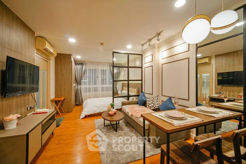 Modern open-plan living room with stylish decor and cozy ambiance
