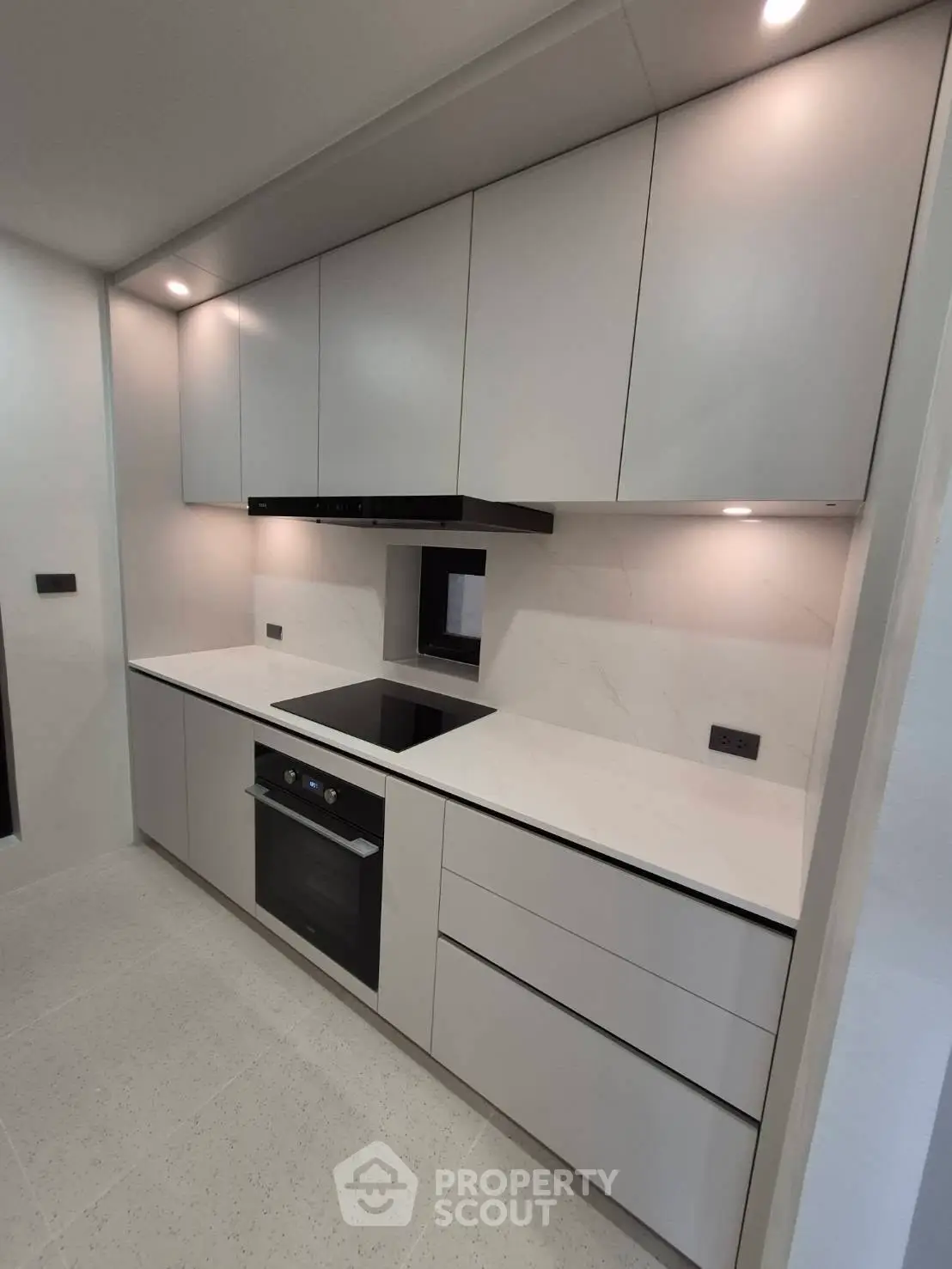 Modern kitchen with sleek cabinetry and built-in oven, featuring a minimalist design and ample storage space.