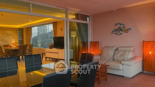 Luxurious living room with elegant dining area and ambient lighting