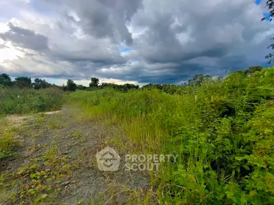 Expansive land plot with lush greenery and dramatic cloudy sky, perfect for development opportunities.